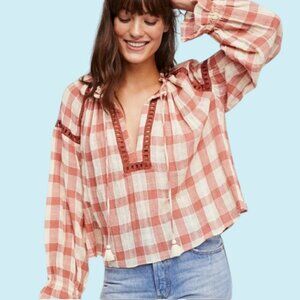 Free People Top Women's Small Pink Plaid Honey Grove Oversize Peasant Boho
